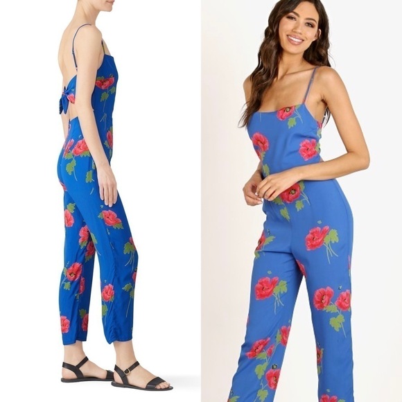 FLYNN SKYE Floral 90s Square Neck Sleeveless Open Tie Back Ankle Crop Jumpsuit S - Picture 4 of 13